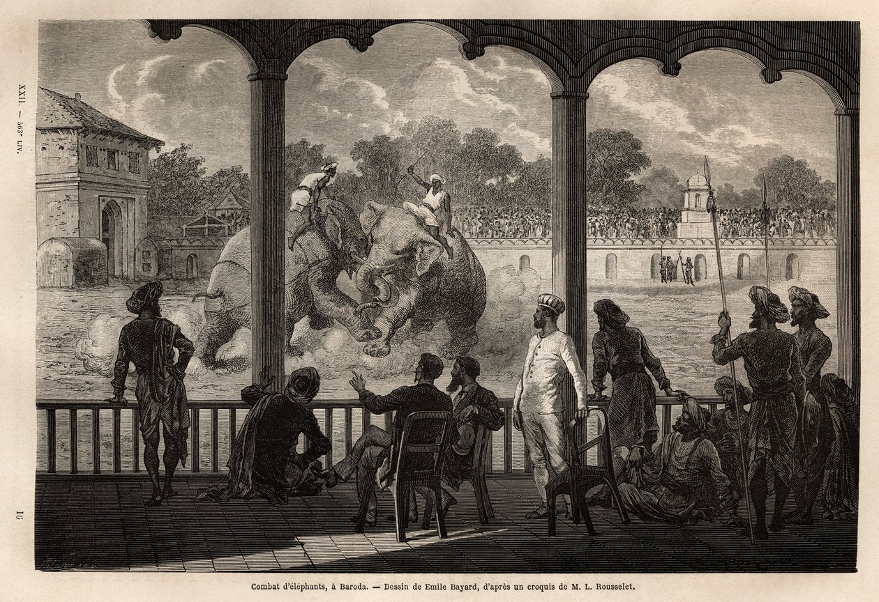 Elefántharc Barodában (vagy Vadodara), Gujarat államban India északkeleti partján. Louis Rousselet 1864-1868-as metszete a rádzsák indiai utazásának illusztrálására, megjelent a „Le tour du monde”” 1870-1871-ben, szerkesztette Edouard Charto alkotó: Unknown artist