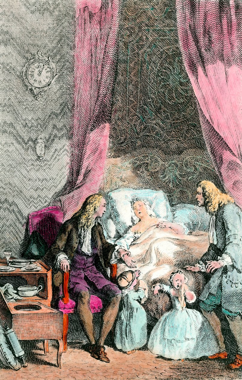 Egy megfigyelő orvos Egy beteg vagy már halott nőt családja és az orvos veszi körül. A gyerekek könnyeznek. Metszet 1780 körül. Párizs, Orvostudományi Akadémia alkotó: Unknown artist