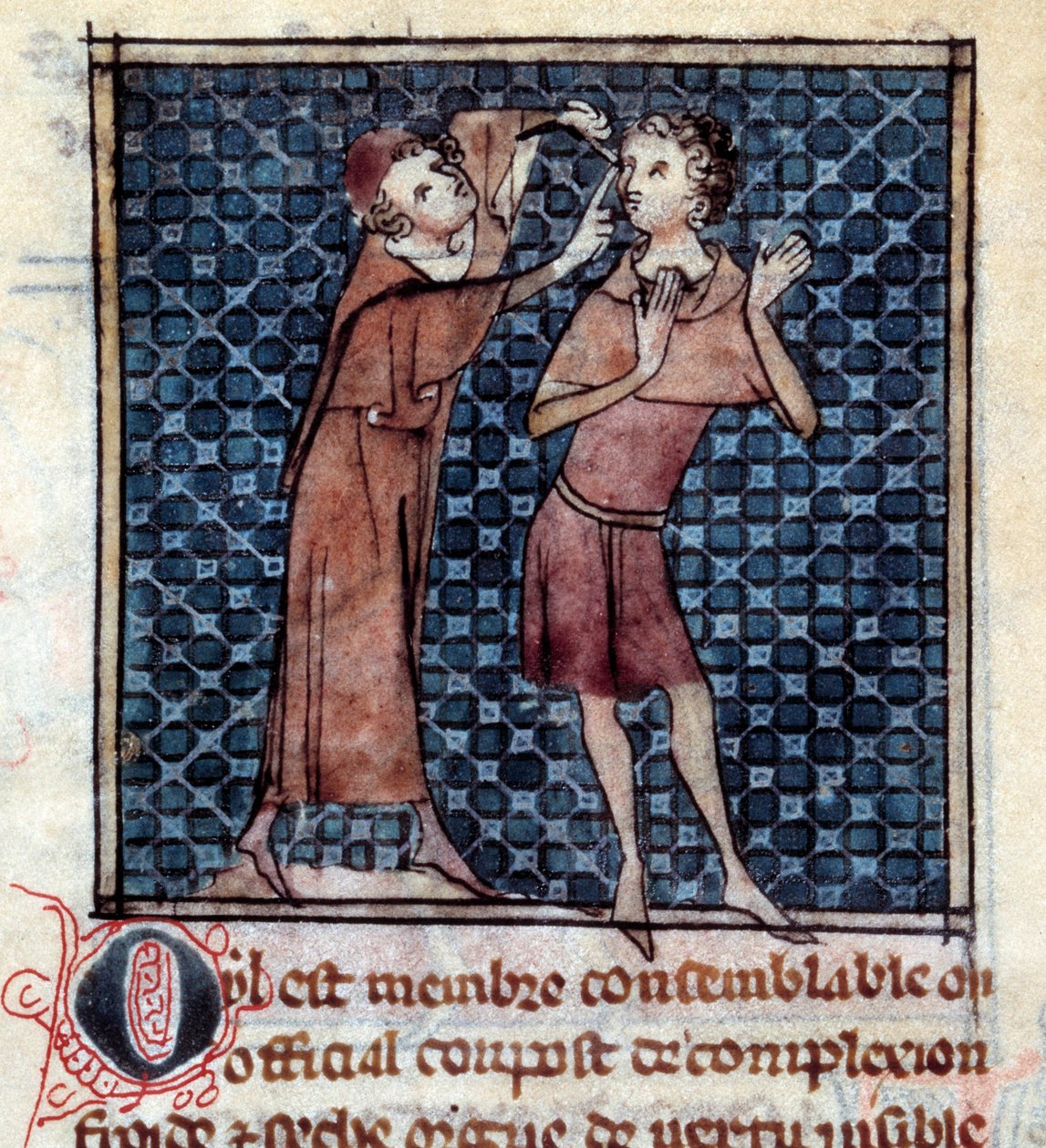 Anatómiai alak: orvos vizsgálja a beteg szemét. Miniatűr a „” Surgery” (Folio 17v) kéziratból, amelyet Henri de Mondeville (Philippe Le Bel anatómiaprofesszor sebésze) írt. alkotó: Unknown artist