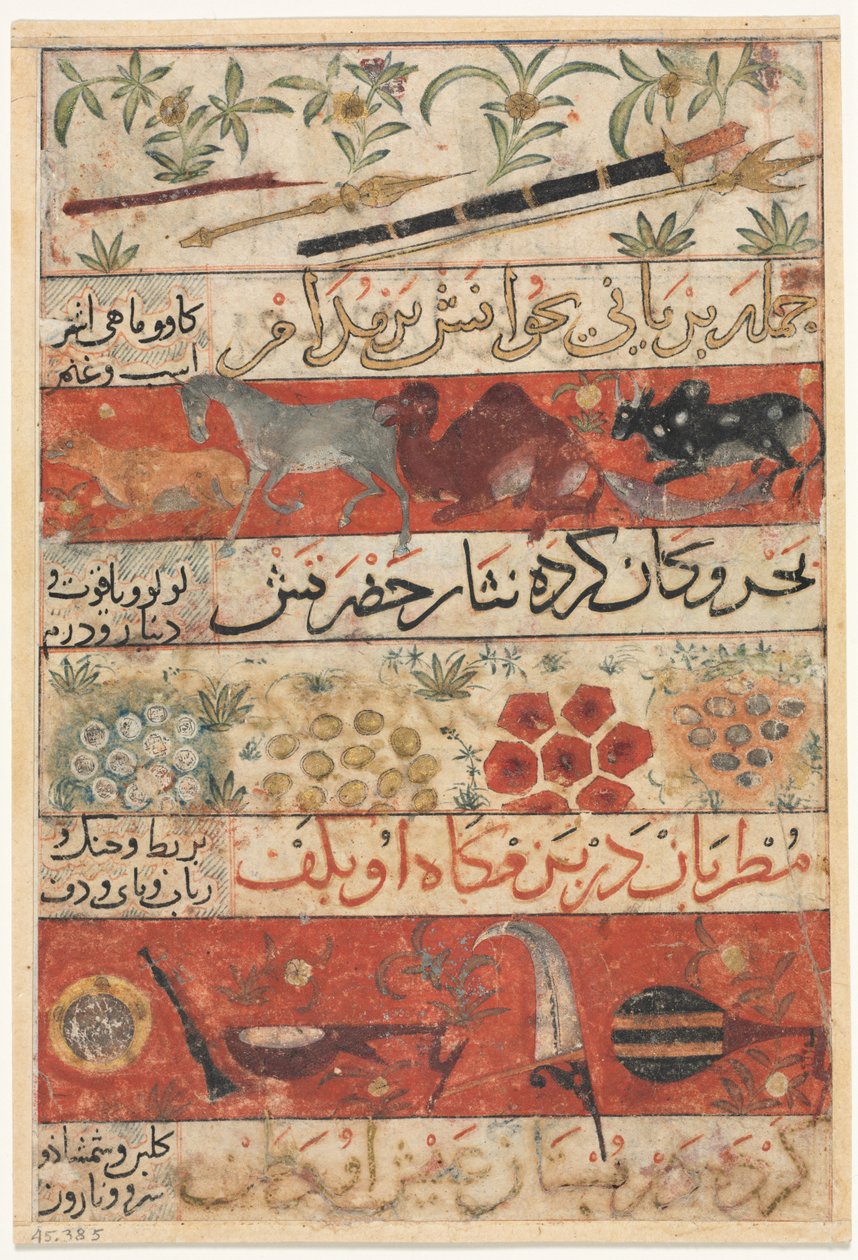 Állatok, drágakövek, érmék és hangszerek (recto) Muhammad Ibn Badr al-Din Jajarmi Mu