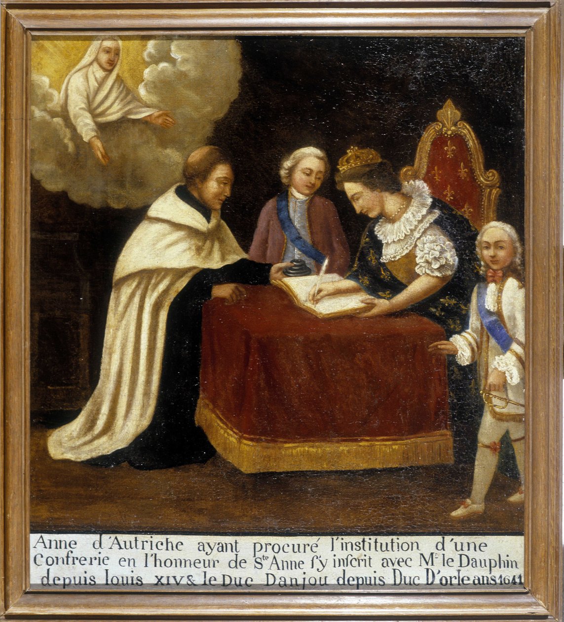 Ausztriai Anna, miután megteremtette a testvériség intézményét vagy Szent Anna tiszteletét, csatlakozott hozzá a delfinhez és Anjou hercegéhez (ma XIV. Lajos és Orléans hercege, dit Monsieur) alkotó: Unknown artist