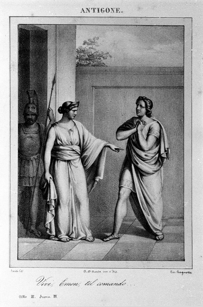 Antigone I. felvonás, 3. jelenet. Vittorio Alfieri olasz tragédiája, 1783-ban a görög mitológia nyomán. 18. századi metszet. alkotó: Unknown artist