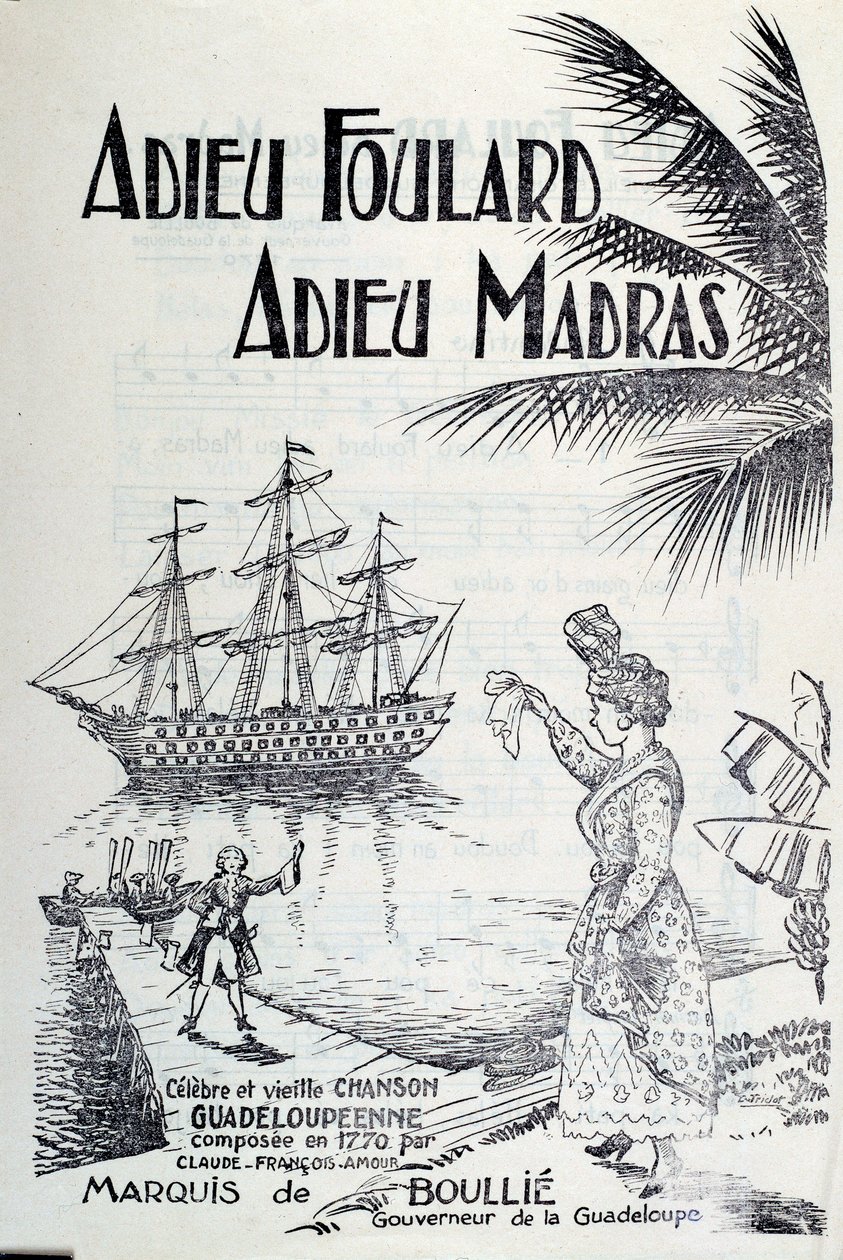 Antillák dal címe „” búcsúsál, búcsú madras””. 18. századi metszet. Chartres, Szépművészeti Múzeum alkotó: Unknown artist