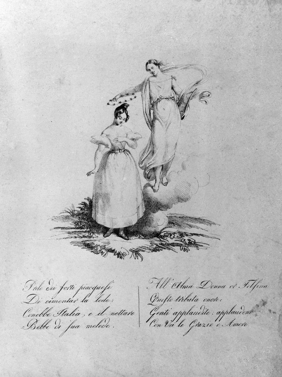Maria Garcia apoteózisa a Malibran (1808-1836) énekesnőjének nevezett. századi metszet. . Milánó. alkotó: Unknown artist