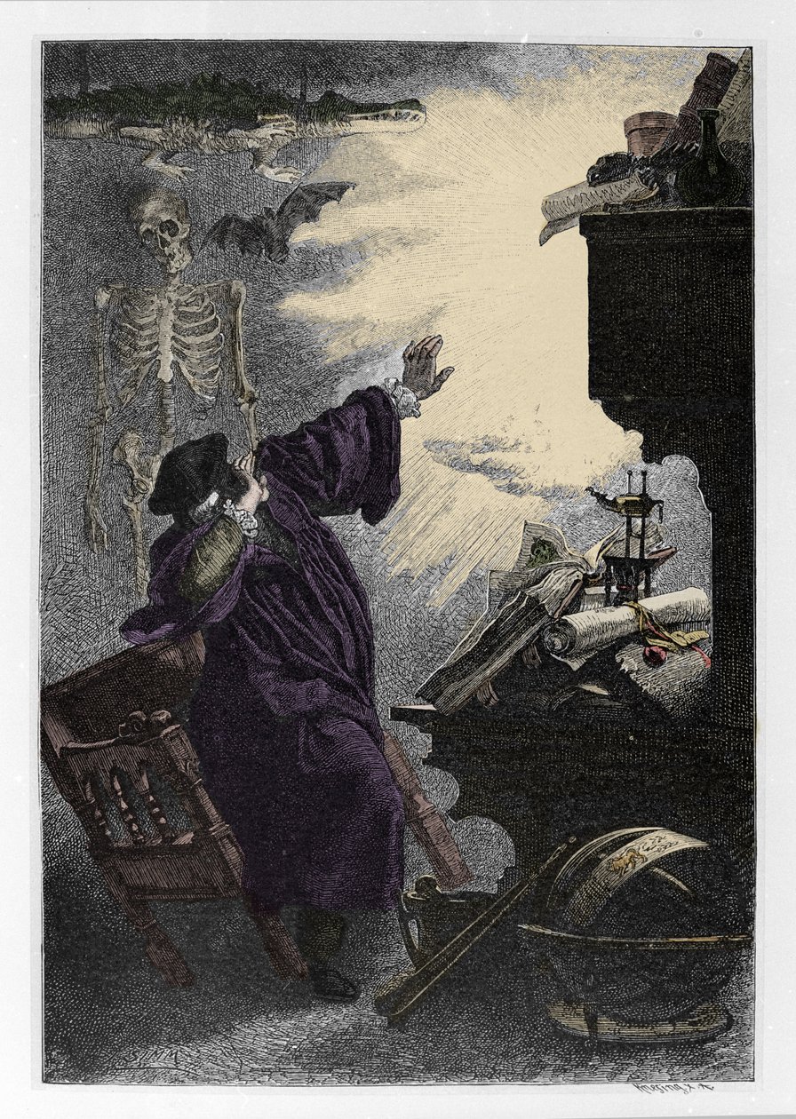 Mephistopheles jelenése (Mephisto) a Faust „Faust” illusztrációja, Johann Wolfgang von Goethe (1749-1832) (Goethe „” faust” illusztrációja) Metszet alkotó: Unknown artist