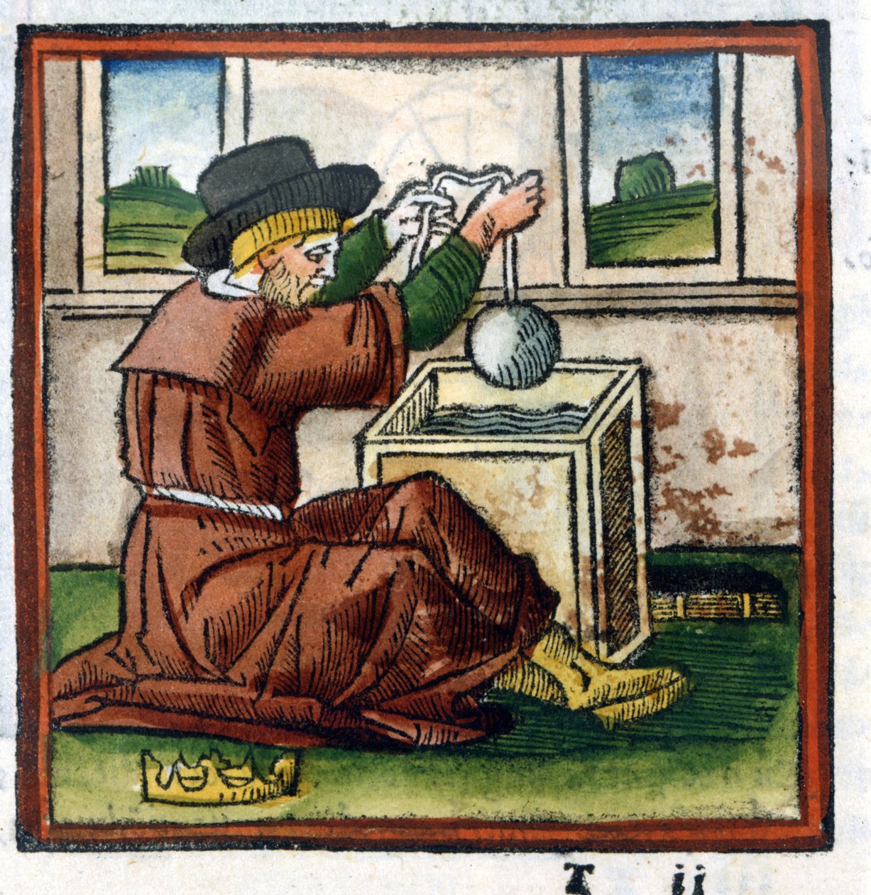 Arkhimédész meghatározza Hieron koronájának súlyát vízbe merítéssel (tolás tapasztalata) - gravírozás alkotó: Unknown artist