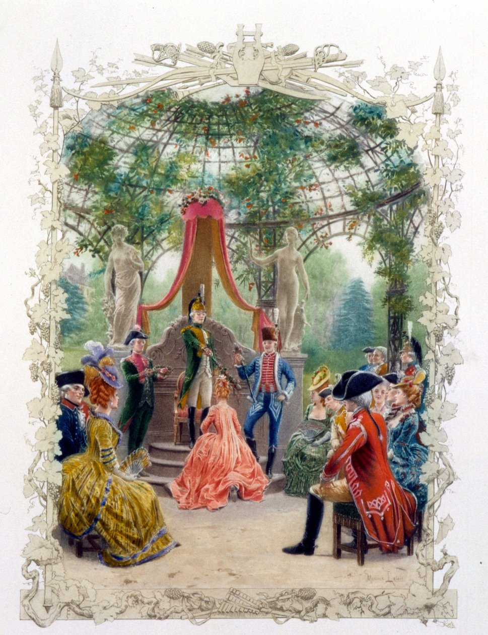 Arisztokrata szertartás egy kertben (Versailles-i kastély?) „” Egy minőségi nő a múlt században”” 1778-ban alkotó: Unknown artist