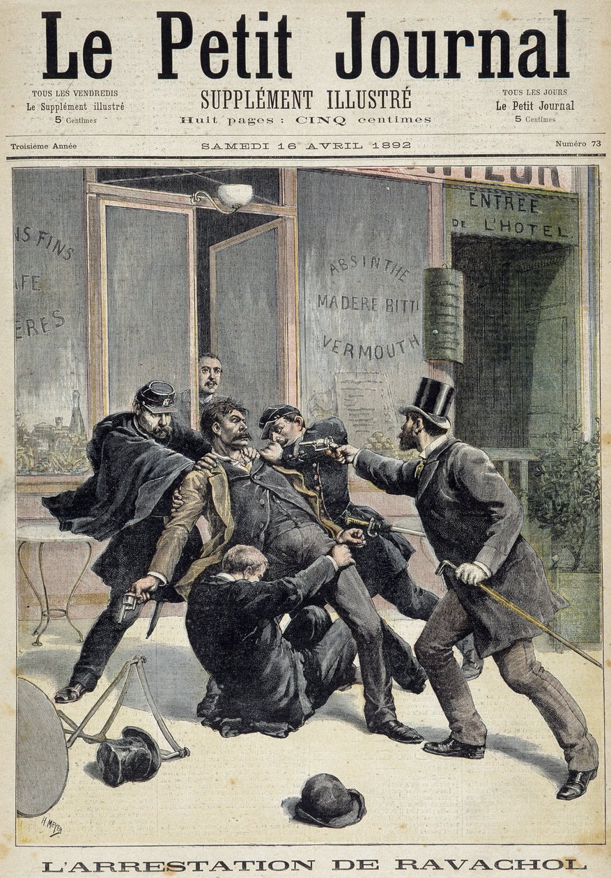 Az anarchista, Francois Koenigstein dit Ravachol (anyja nevéről) letartóztatása (1859-1892). Az egyik „Le petit Journal” 1892.04.16. Gyűjteményprivee alkotó: Unknown artist