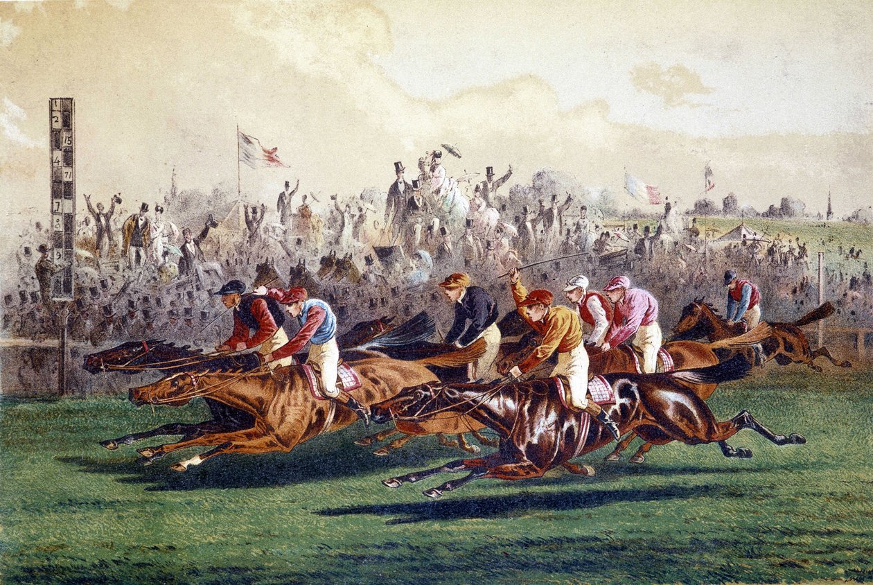 Lóverseny érkezése. 19. századi illusztráció. alkotó: Unknown artist