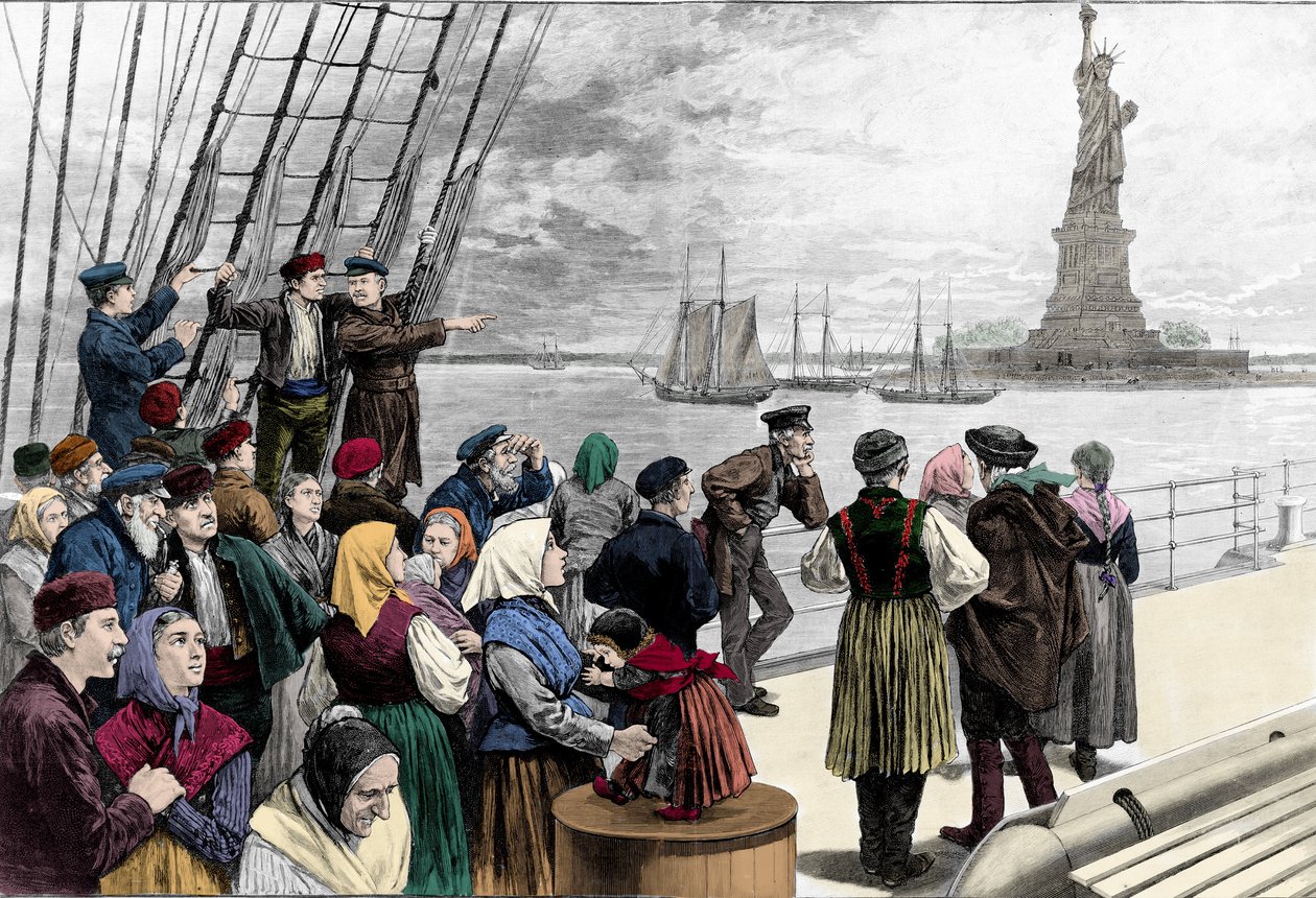 A New York-i kikötőbe emigráns családok érkeznek, látható a szabadság szobra. Metszet a „” Harper