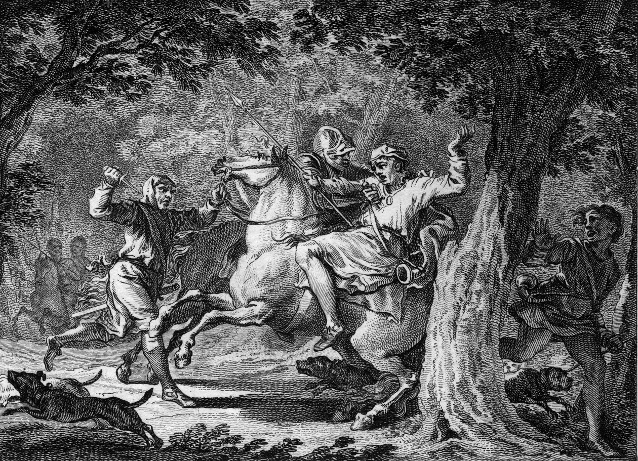 II. Childeric meggyilkolása, 675: a frankok királyát (körülbelül 653-675) megölte a lognesi erdőben Bodillon, az általa megkorbácsolt ura. 18. századi metszet. alkotó: Unknown artist