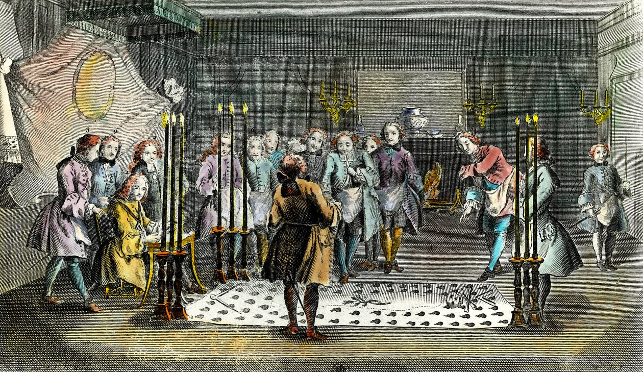 Francs Macons közgyűlése mesterek fogadására Metszet 1750 körül Magángyűjtemény alkotó: Unknown artist