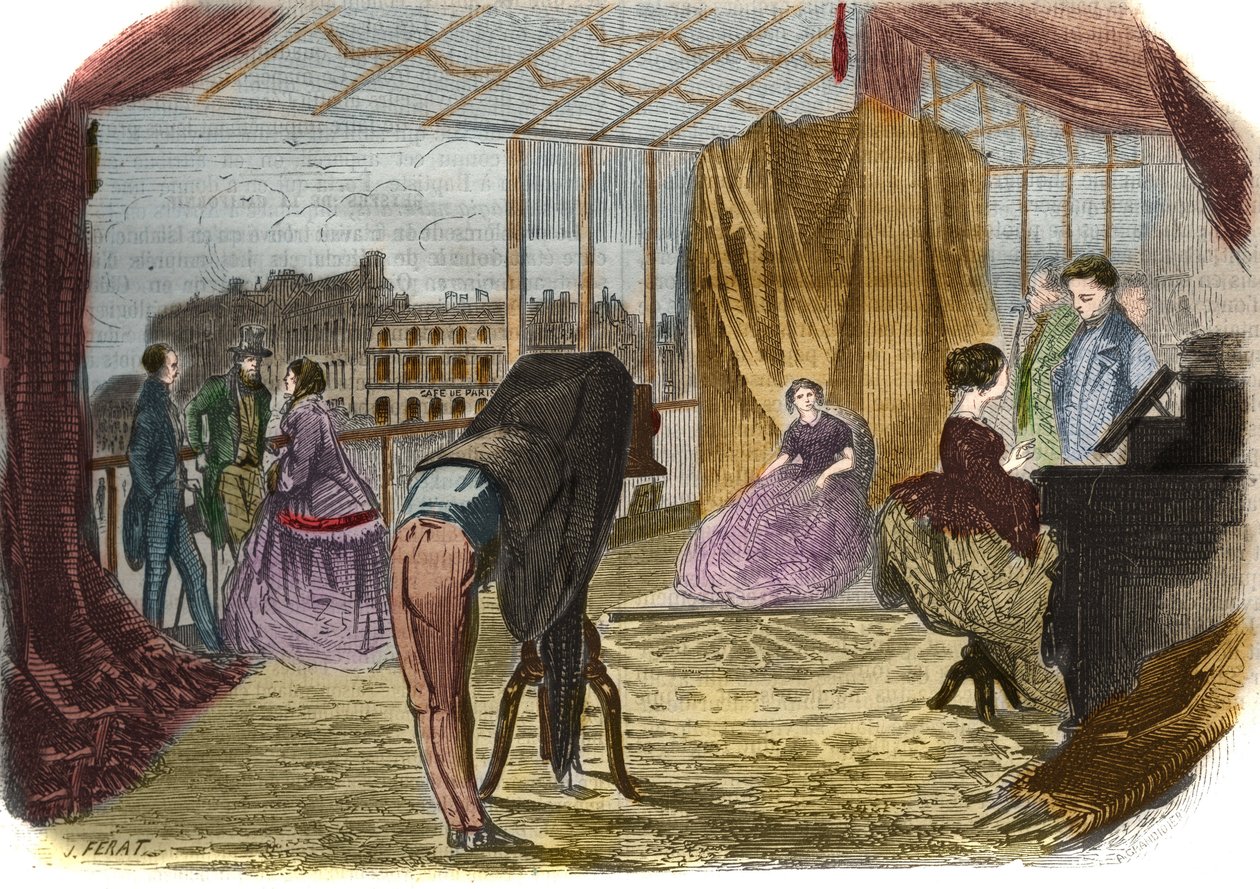 Nadar Jeune (Alban Adrien (Alban-Adrien) Tournachon dit) (1825-1903), boulevard des Italians fotósának műhelye Párizsban. Metszet 1856-ból. alkotó: Unknown artist