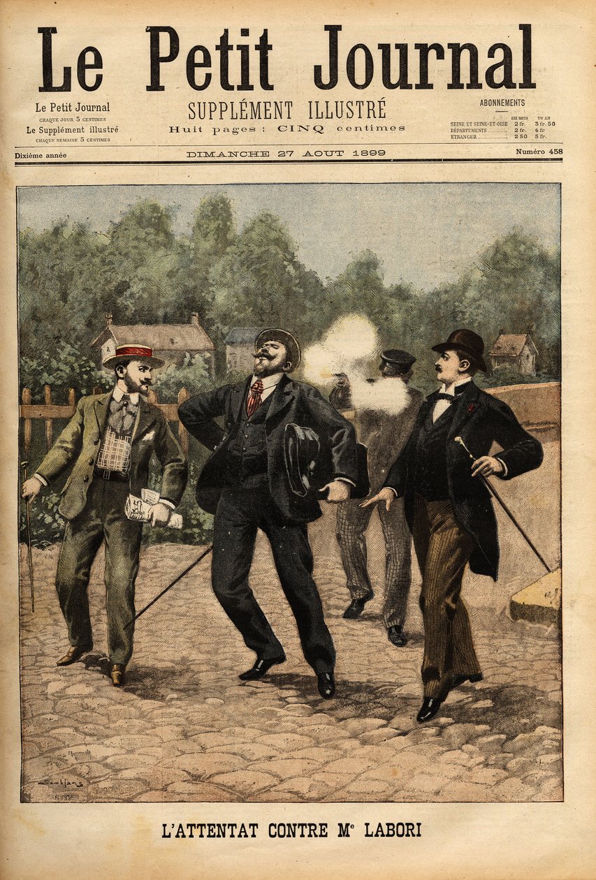 Fernand Labori (1860-1917), Alfred Dreyfus (1859-1935) védelmében álló ügyvéd támadása Rennes-ben golyóval találta el a hátát, amikor az ügy elbírálásának helyére tartott. Metszet a „” Le petit Journal”-ban, 1899. 27. 08. Selva Coll alkotó: Unknown artist