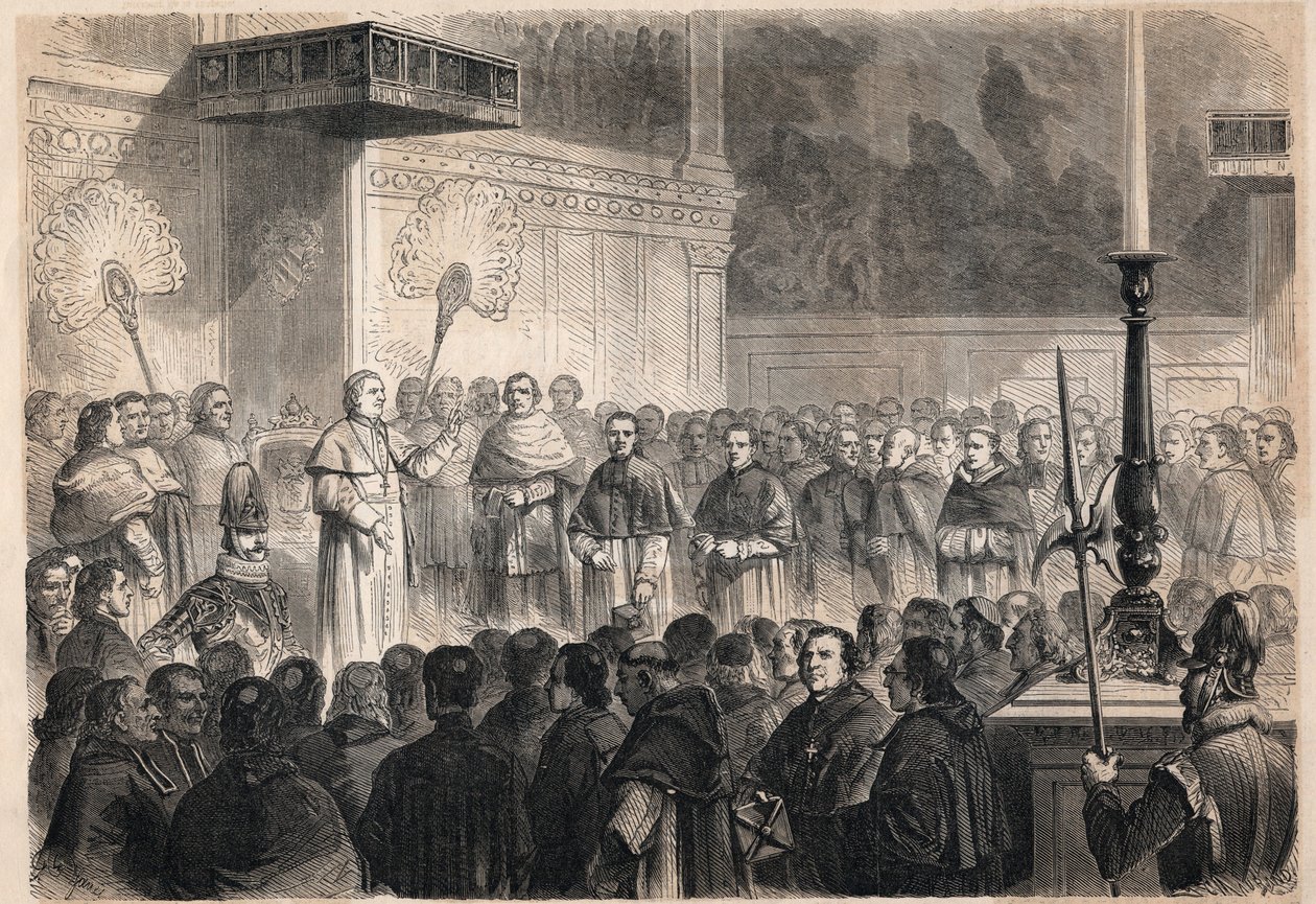 Pius (Pio) pápa (1792-1878) audienciája a római Sixtus-kápolnában (cappella sistina) a külföldi egyházaknak a 26 „Japán vértanú” szentté avatásának ünnepe alkalmából, a keresztre feszített katolikusok csoportja. Japánban 1597-ben alkotó: Unknown artist