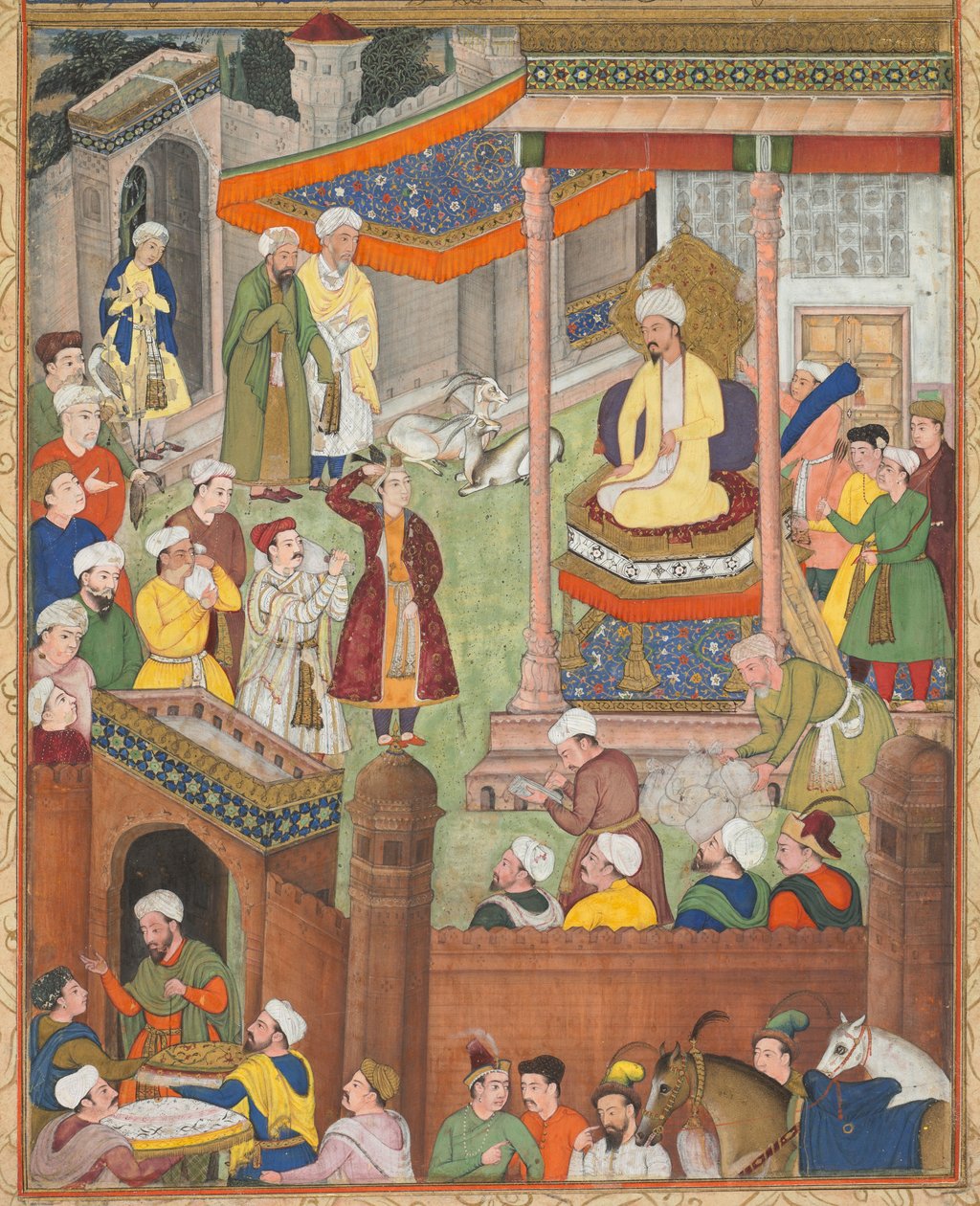 Babur zsákmányt és Humayun tisztelgését kapja az Ibrahim szultán felett 1526-ban aratott győzelem után, Abu