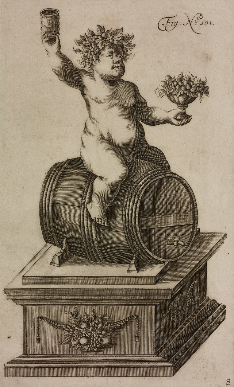 Bacchus a hordón, manöken a tűzijáték kilövéséhez, metszet a Grand Art d