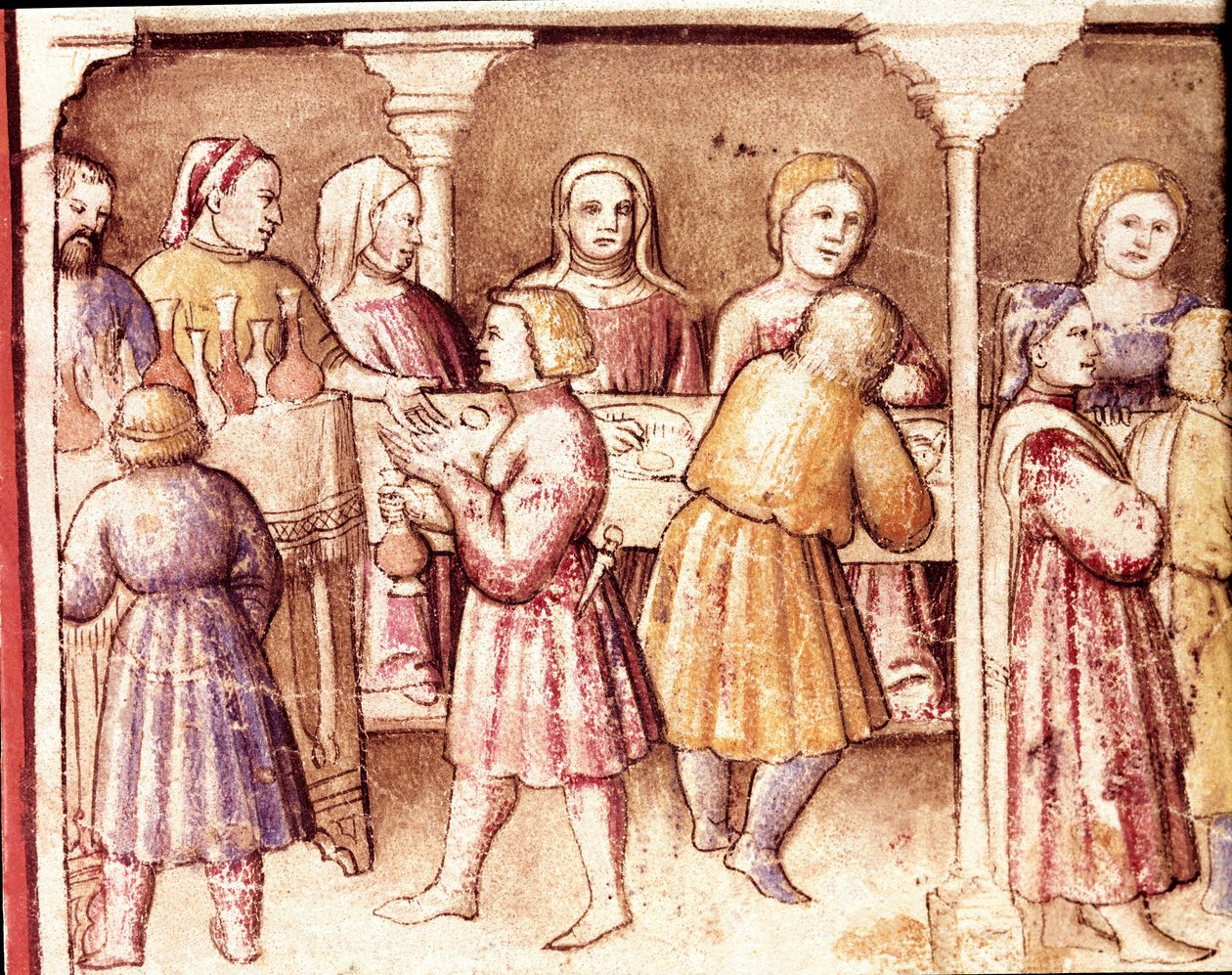 Bankettjelenet egy gazdag padovai kastélyban Miniatűr a 212-es kódexből (vagy Padovano kódexből vagy Páduai Bibliából) 1390-1400 Rovigo, Accademia dei Concordi alkotó: Unknown artist