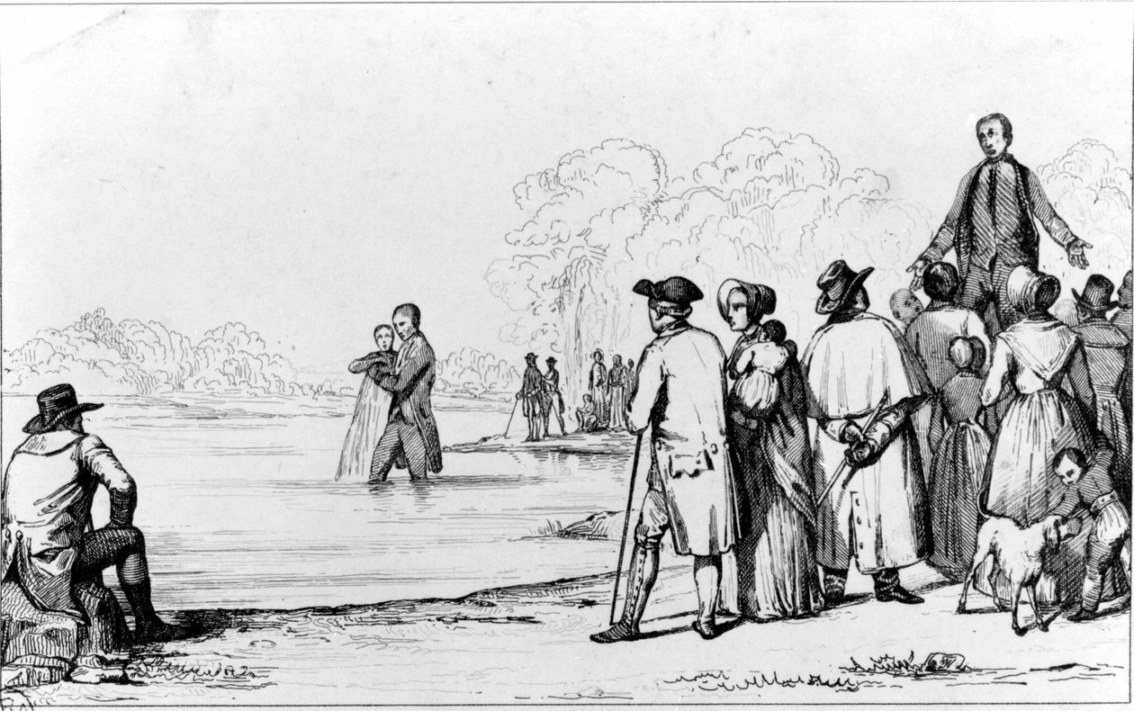 Az anabaptisták keresztsége teljes vízbe merüléssel. alkotó: Unknown artist