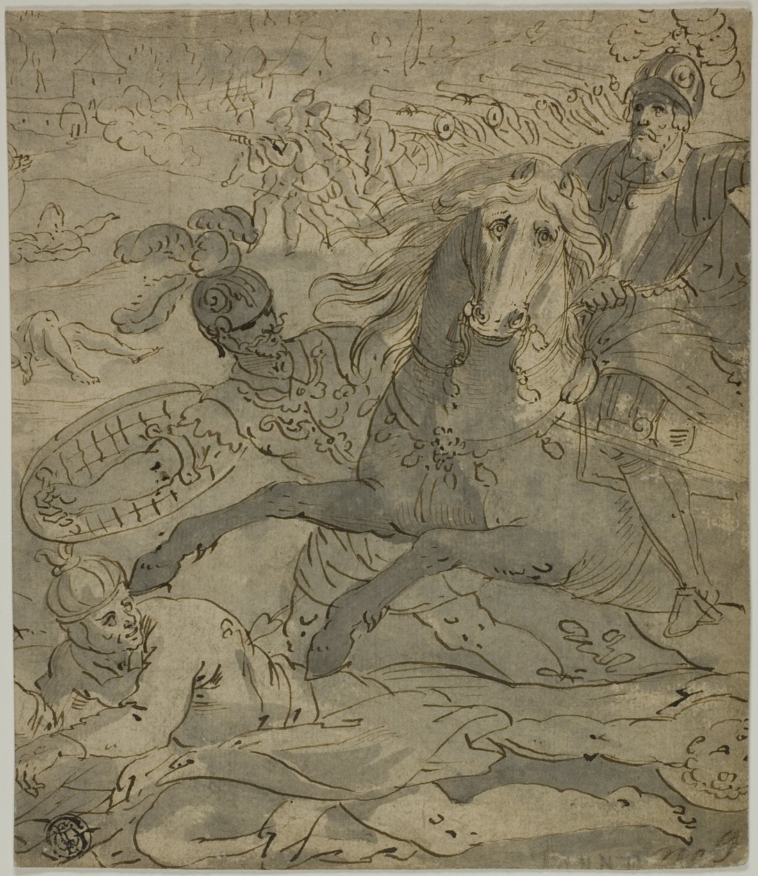 Csatajelenet rohamozó tábornokkal lóháton az előtérben, tüzérséggel és ágyúkkal a háttérben alkotó: Unknown artist