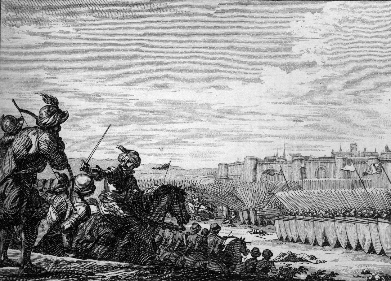 Poitiers-i csata Martel Károly serege és a szaracénok között, 732. 18. századi metszet. alkotó: Unknown artist