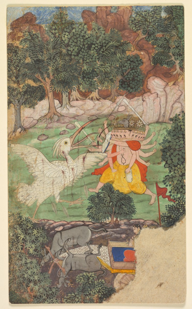 Ravana és Jatayu csata, az Aranya-kanda (Az erdő könyve) 49. sarga-jából (fejezet) egy ramajanából (Rama utazása) Valmikiből (indiai, aktív, Kr.e. 1000-es évek közepe körül) alkotó: Unknown artist