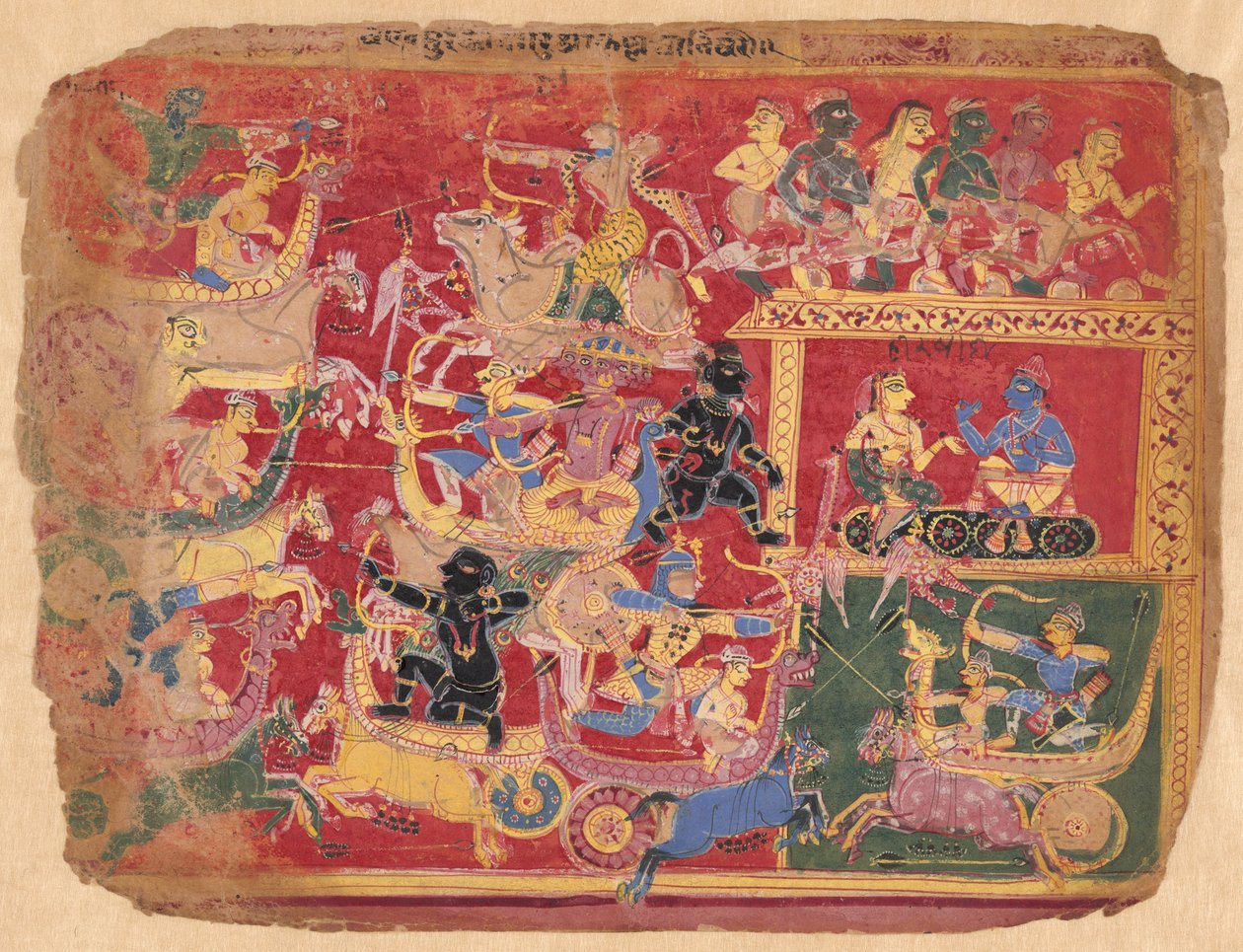 Krsna és Bana erőinek csatája, a szétszórt Bhagavat Purána egy példányából alkotó: Unknown artist