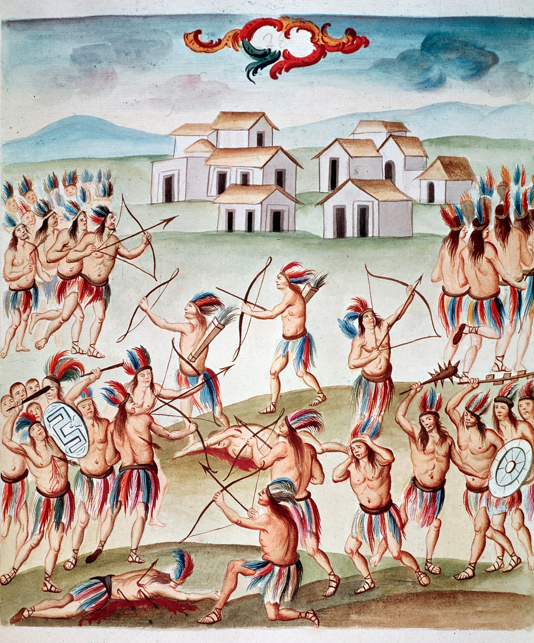 Csatajelenet, csapások a mexikói Acolmanban (Watercolou, kb. 1770-1780) alkotó: Unknown artist