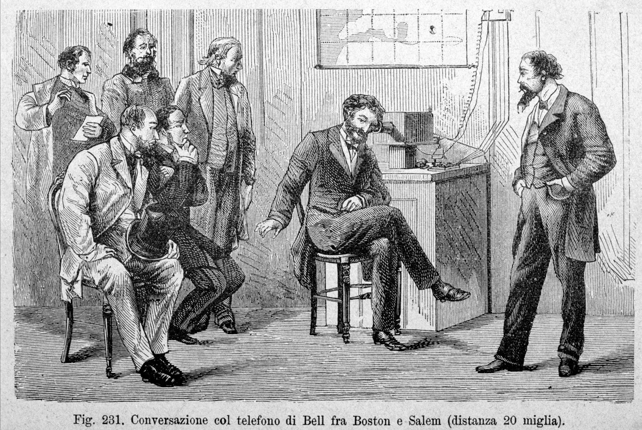 Bell telefonbeszélgetés Boston és Salem között (20 mérföld távolságban). századi metszet. alkotó: Unknown artist