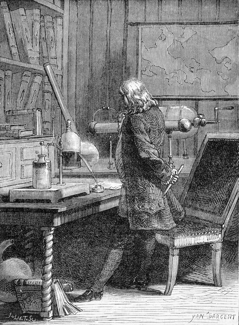 Benjamin Franklin amerikai politikus és fizikus (1706-1790) philadelphiai fizikai laboratóriumában - metszet alkotó: Unknown artist