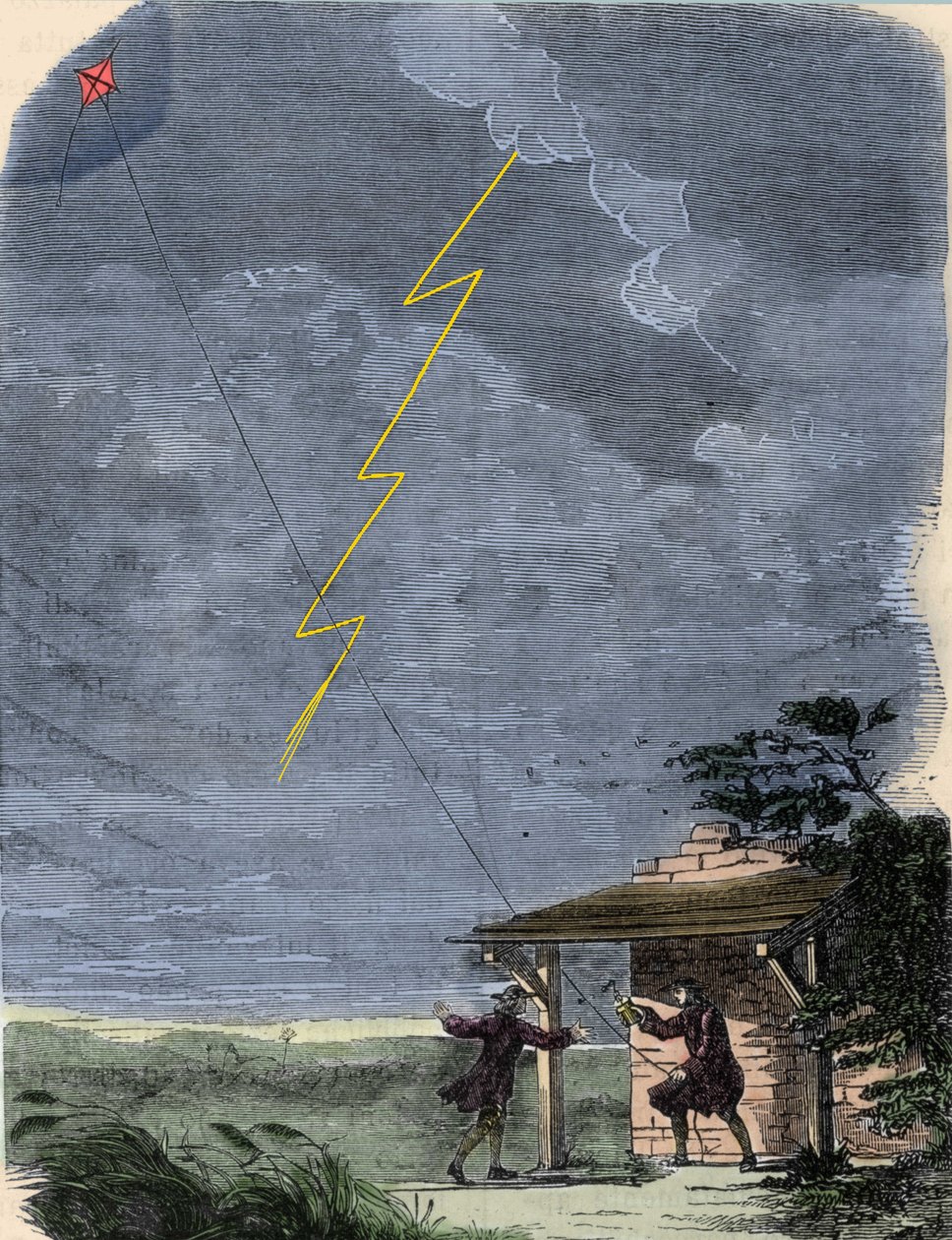 Benjamin Franklin filozófus, fizikus és amerikai nagykövet sárkányra szerelt villámhárítójával kísérletezik. 1752. szeptember. alkotó: Unknown artist
