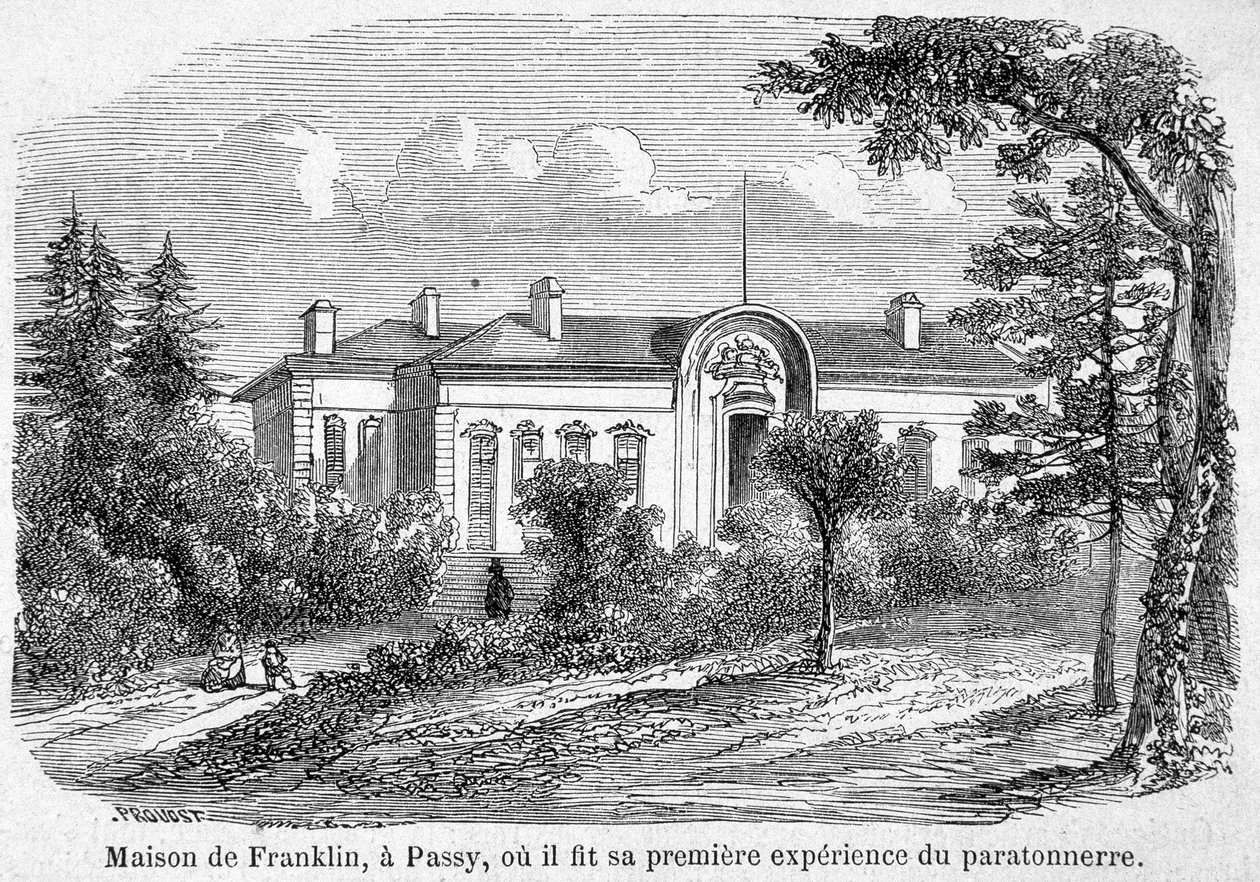 Benjamin Franklin háza Passy-ban, ahol először tapasztalta a villámhárítót - gravírozást alkotó: Unknown artist