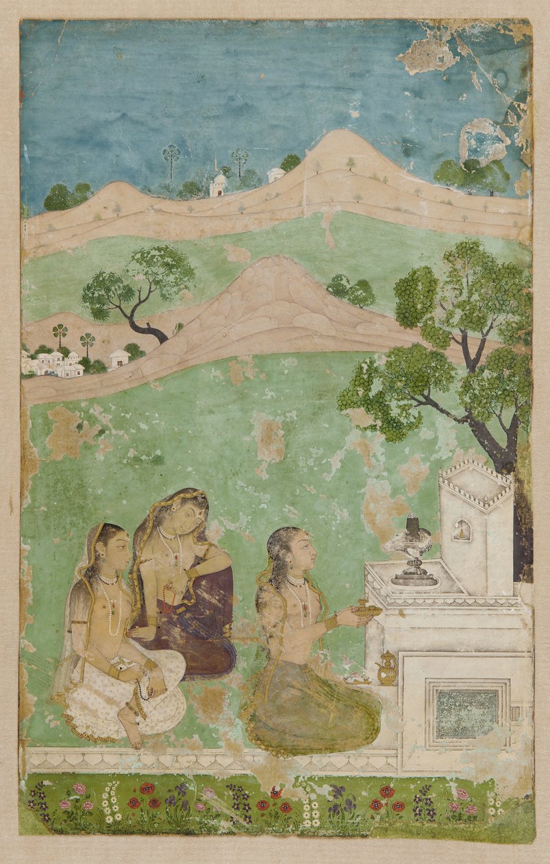 Bhairavi Ragini (zenei mód): három figura egy szentély előtt alkotó: Unknown artist