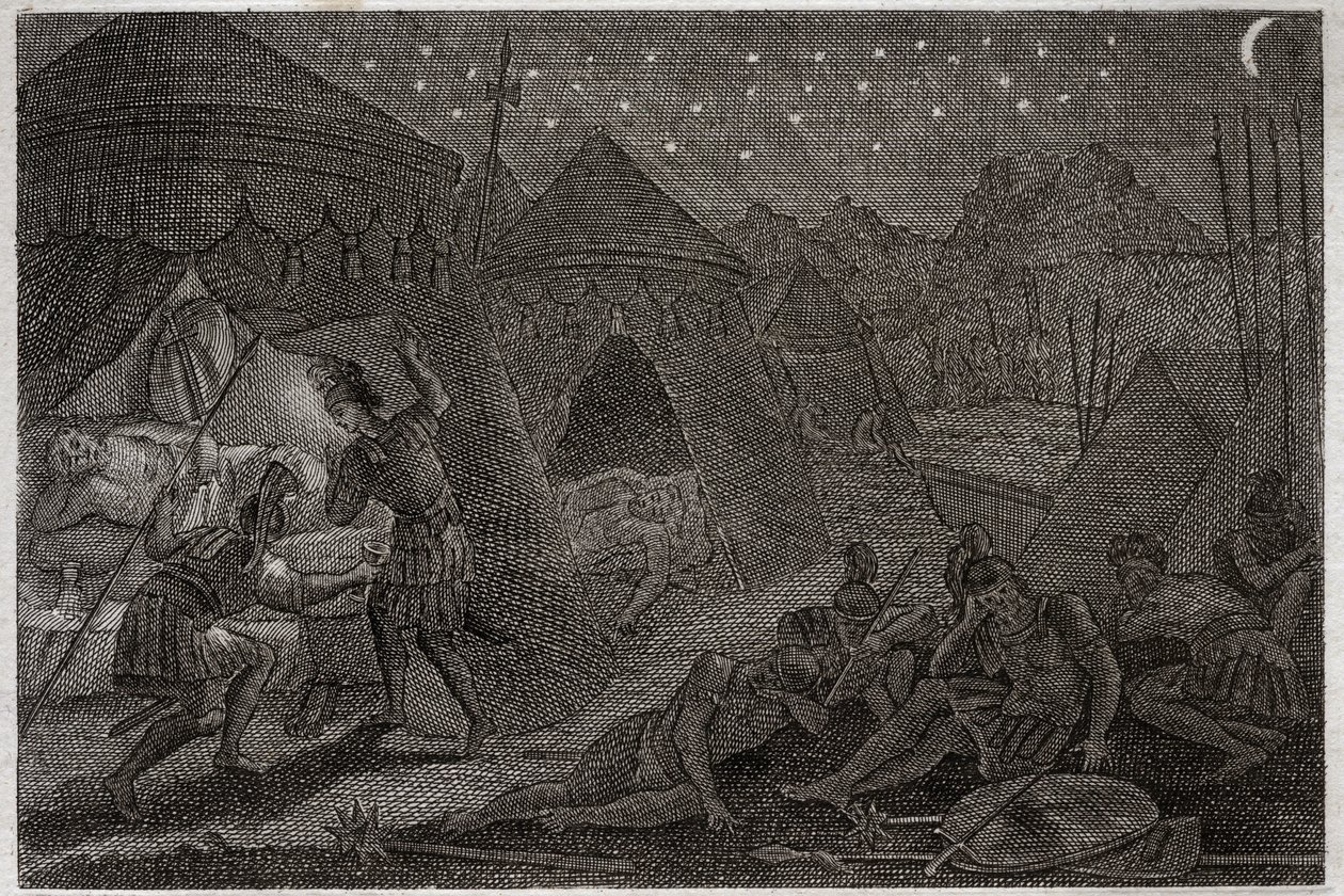 Royaumont Biblia, Ószövetség: Dávid megmenti Sault. Dávid kezében van Saul, de nem bántja. Csak elveszi a lándzsát és a poharát. Illusztráció 1811-ből. alkotó: Unknown artist