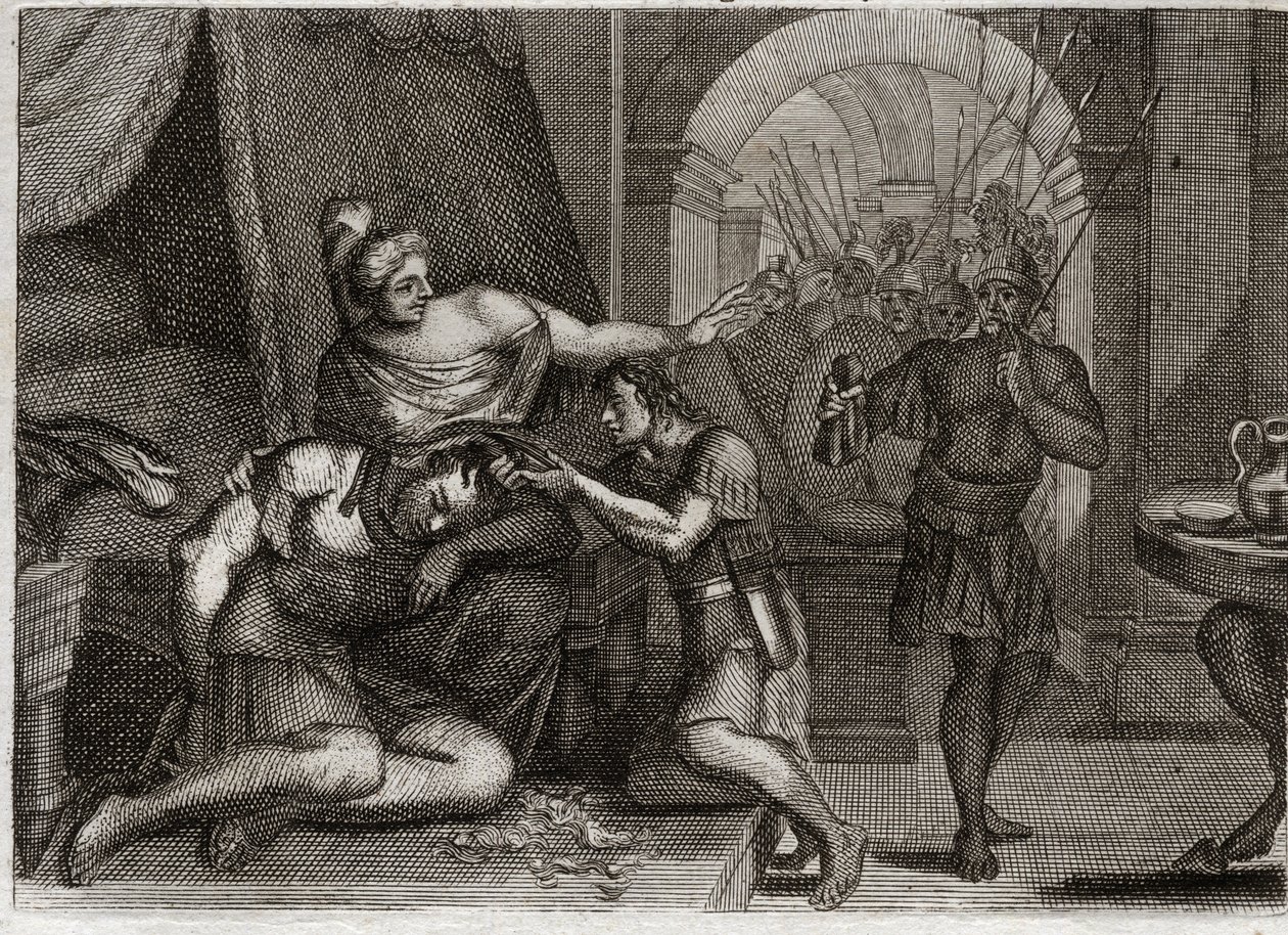 Royaumont Biblia, Ószövetség: Sámson halála. Sámson rájön Dalilára, hogy ereje a hajában van. Levágja a haját, és beviszi a filiszteus katonákat a szobába. Illusztráció 1811-ből. alkotó: Unknown artist