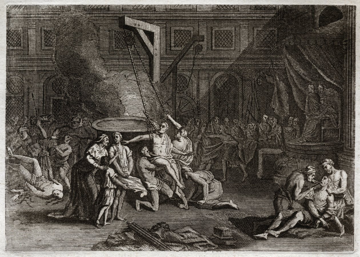 Royaumont Biblia, Ószövetség: A machabeusok mártíromsága. A hét Makkabeus testvér inkább mártírhalált hal, mintsem elárulja saját hitét. Illusztráció 1811-ből. alkotó: Unknown artist
