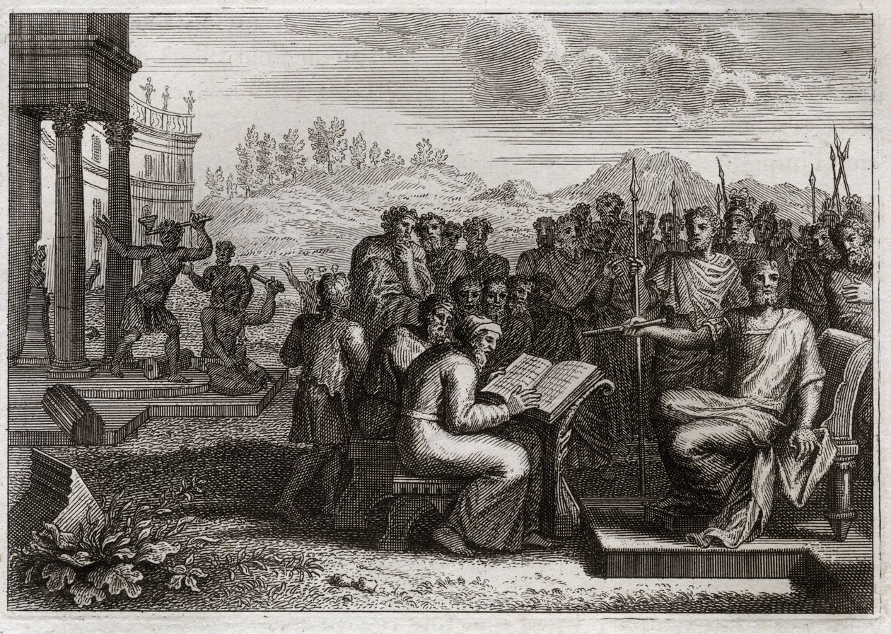 Royaumont Biblia, Ószövetség: Josias Piete. Jósiás, Júda királya helyreállítja Isten imádatát az ő birodalmában, és minden király mellett elhalad elődjei mellett. Illusztráció 1811-ből. alkotó: Unknown artist