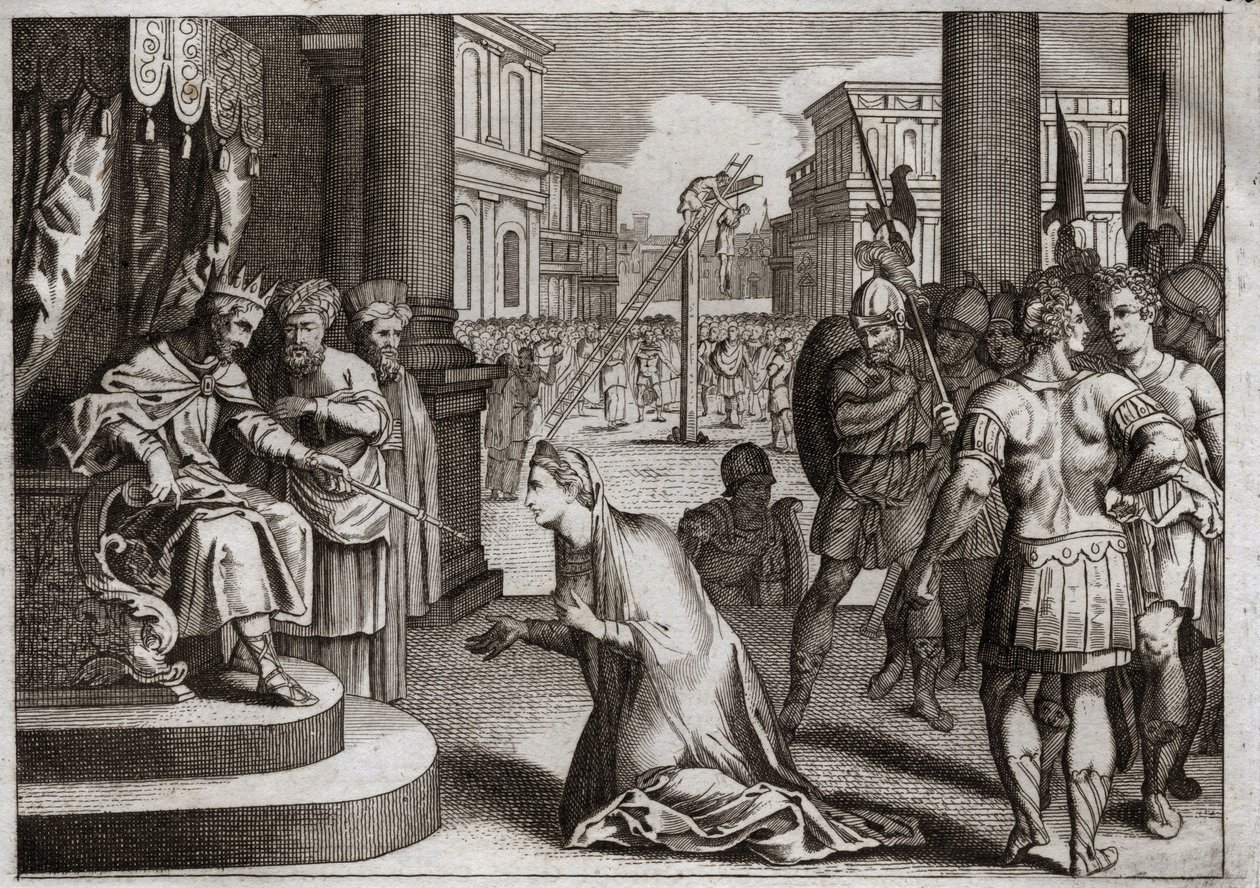 Royaumont Biblia, Ószövetség: Aman büntetése. I. Assvérus (I. Xerxész) felakasztja Amant (Hámánt) az akasztófáról, amelyet Mardochee-nak (vagy Mordekhainak vagy Mordokeusnak) készített, és visszavonja a halálos szerkesztést, amelyet királysága során adott  alkotó: Unknown artist
