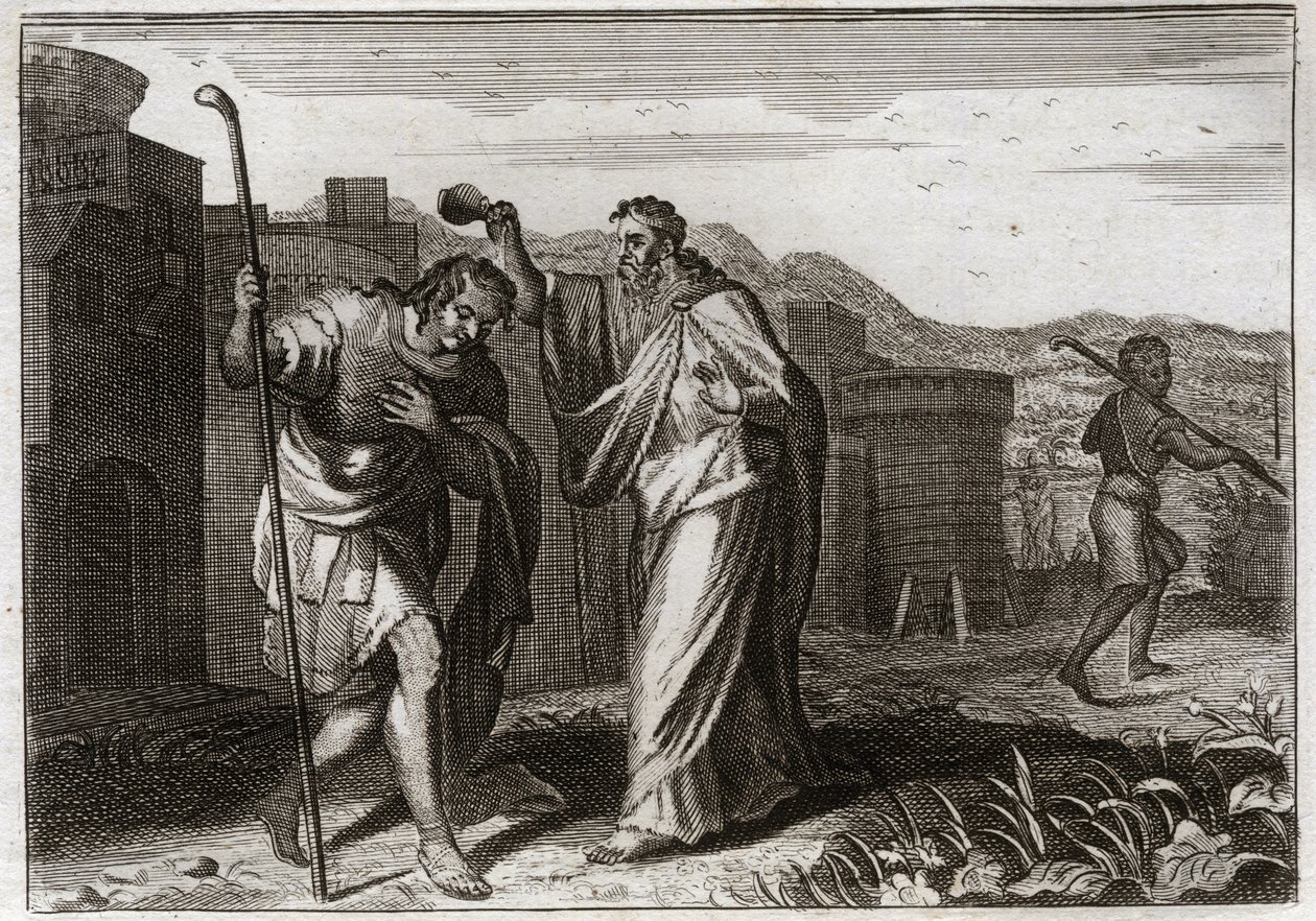 Royaumont Biblia, Ószövetség: Saul szertartása. Sámuel Isten parancsára megszentelte Sault a zsidók királyává. Illusztráció 1811-ből. alkotó: Unknown artist