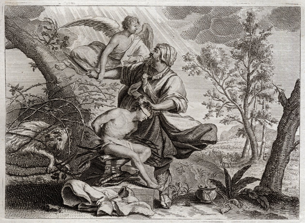 Royaumont Biblia, Ószövetség: Ábrahám áldozata. Egy angyal fogja Ábrahám kezét fia, Izsák áldozata előtt. A bal oldalon a hívő Ábrahám fog ölni helyette. Illusztráció 1811-ből. alkotó: Unknown artist