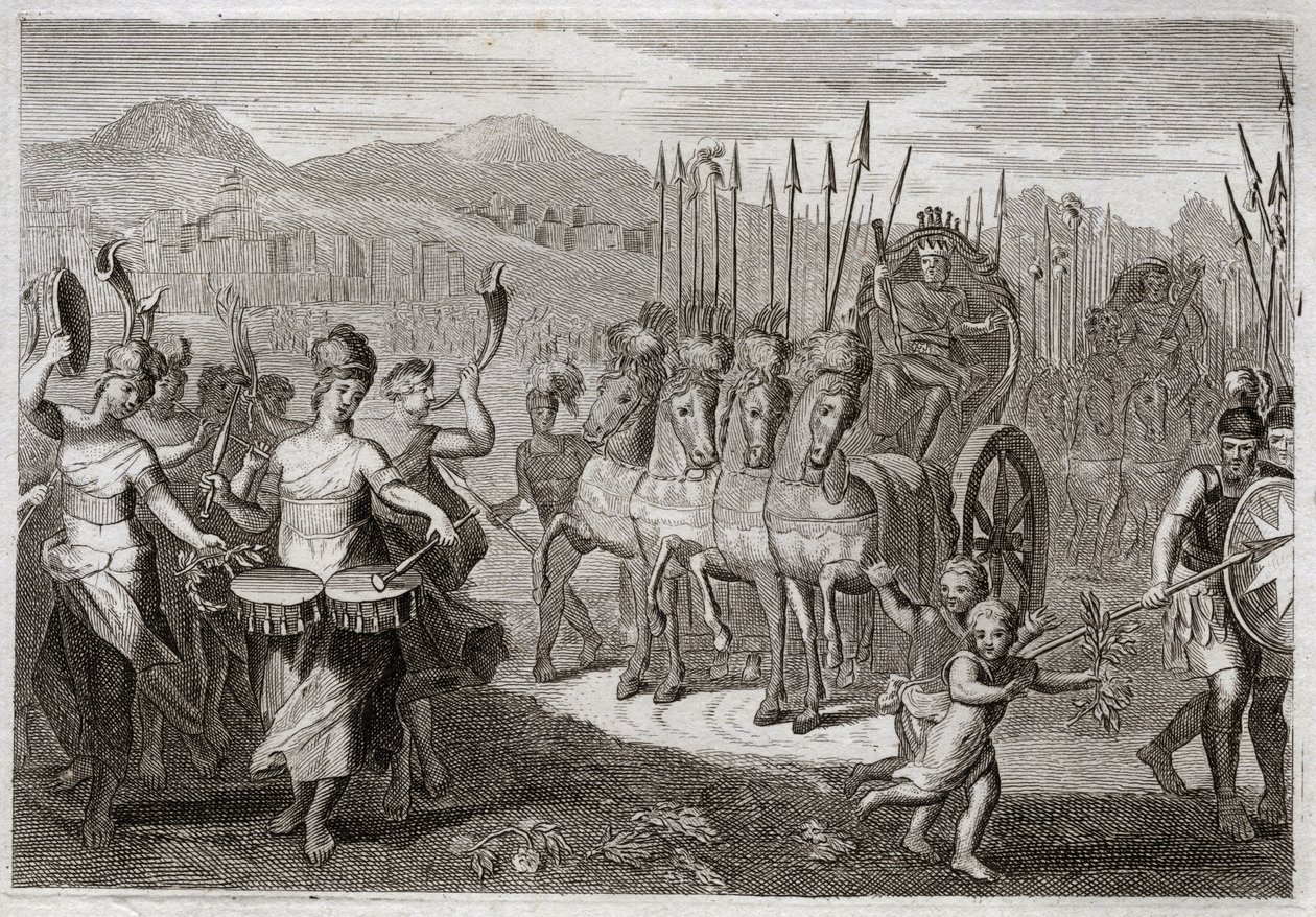 Royaumont Biblia, Ószövetség: Dávid diadala. Miután Dávid legyőzte az óriás Góliátot, Izrael asszonyai előtte mentek, hogy tiszteljék diadalát, örömujjongással és hangszerek hangjával. Illusztráció 1811-ből. alkotó: Unknown artist