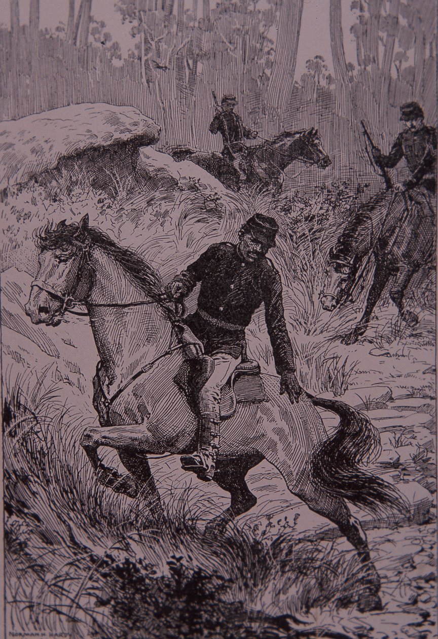 A fekete nyomkövetők bokorvadászokat üldöznek Ausztráliában (metszet) alkotó: Unknown artist