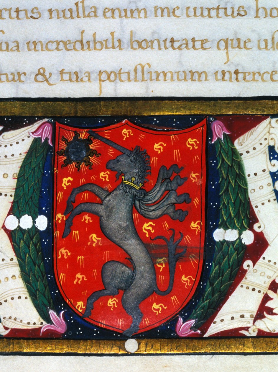 A Blazon egy egyszarvút, egy csillagot díszít vörös alapon. Egy miniatűr részlete. 14. század alkotó: Unknown artist