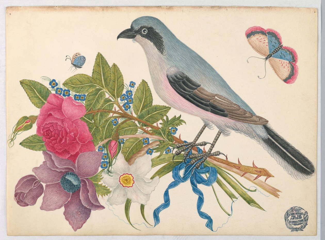 Kék madár a rózsa- és tulipáncsokor pillangókkal alkotó: Unknown artist