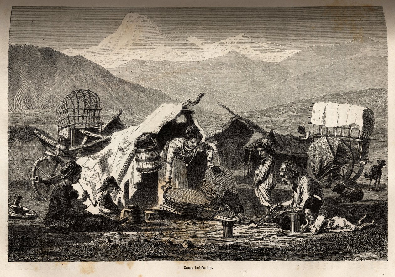Bohém tábor. Basile Vereschaguine 1864-1865-ben a Kaukázus tartományaiban tett utazást illusztráló metszet, megjelent a „Le tour du monde, nouveau Journal des voyages” című folyóiratban, szerkesztette Edouard Charton alkotó: Unknown artist