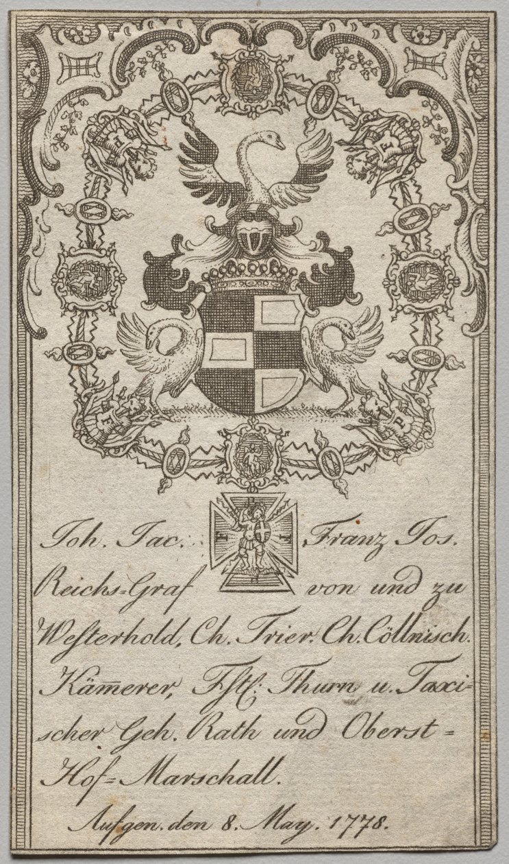 Könyvtábla: Johan. jac Ferenc József, Westerhold császári grófja alkotó: Unknown artist