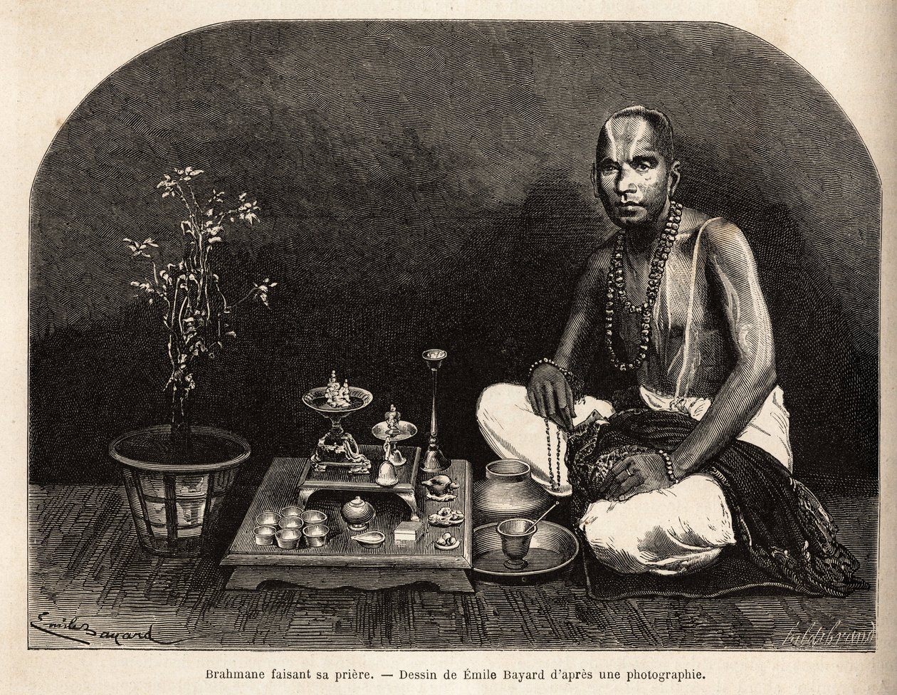 Brahmane letérdel az áldozati oltár előtt, és imádkozik. Alfred Grandidier 1862-1864-es metszete India meridionális tartományaiban való utazás szemléltetésére, megjelent a „le tour du monde”-ban, szerkesztette: Edouard Charton, Hachette, Paris 1869. Selva  alkotó: Unknown artist