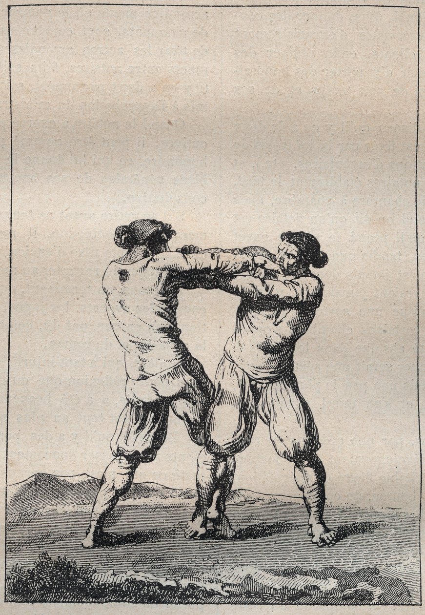 Breton birkózók, Jacques Cambry (1749-1807) „” Utazás Finistere-ben vagy ennek a megye államában 1794-ben és 1795-ben” vésése alkotó: Unknown artist