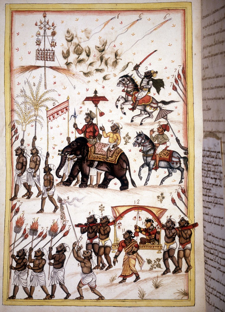 A magasabb társadalmi osztályba tartozó házastársak nászmenete – Oldal a Stefano Nivibus Cardeira „Mogol története” (Moghul vagy Moghol) kéziratából (ms.8300). 18. század. Bibloteca marciana, Velence alkotó: Unknown artist