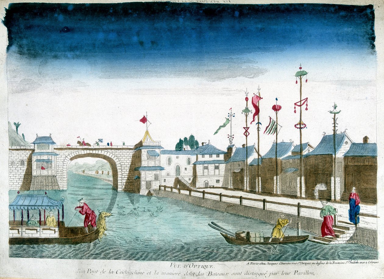 A pavilonokat elhagyó Cochinchine-híd és csónakok megkülönböztethetők. Metszet a 18. század végéről alkotó: Unknown artist
